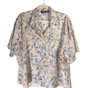 Tapestry Button Front Blouse‎ Women 22/24W Beige Tropical Floral Short Sleeve